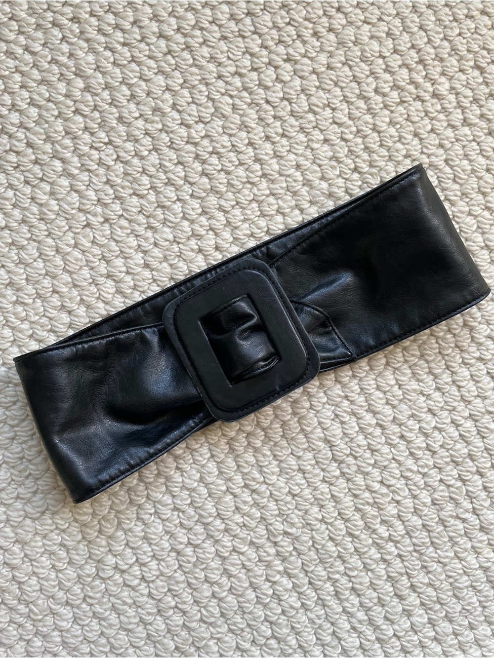 Vintage Le Chateau Wide Black Faux Leather Belt with Square Buckle